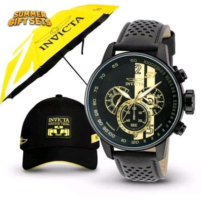 Invicta S1 Rally Men`s Watch Bundle - 48mm Black with Large Umbrella Gear Hat