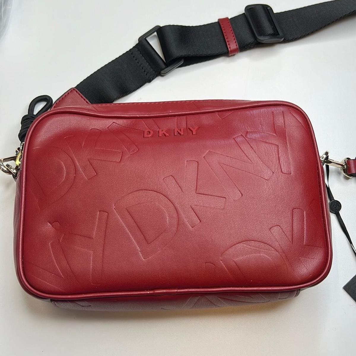 Dkny Red Black Signature Embossed Leather Crossbody Bag