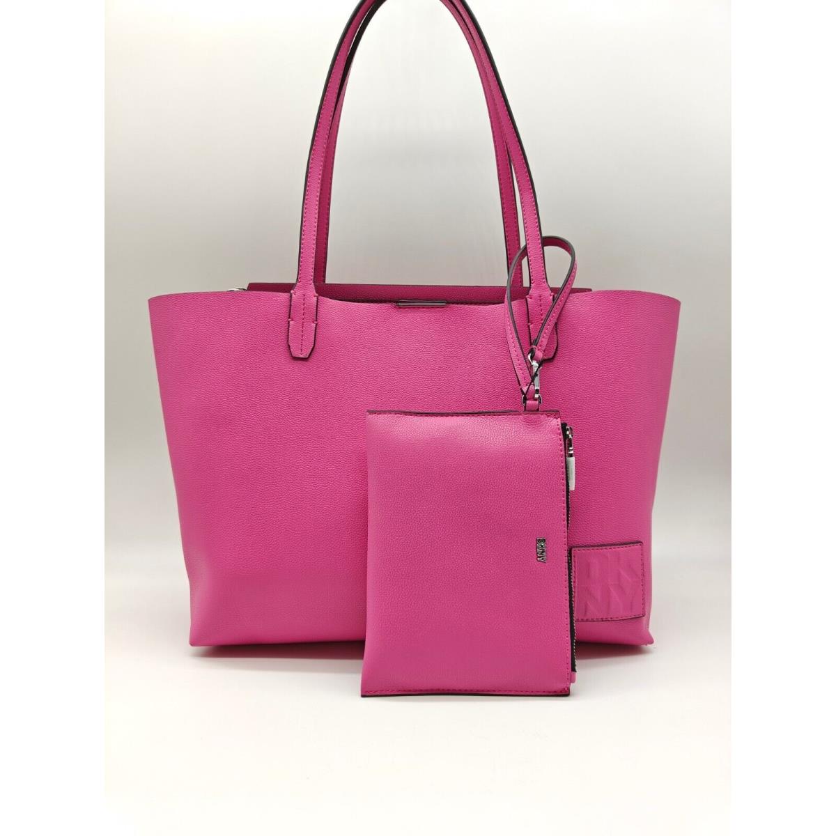 Dkny Riley Faux-leather Large Women`s Tote + Pouch Hot Pink - 2 Piece Set