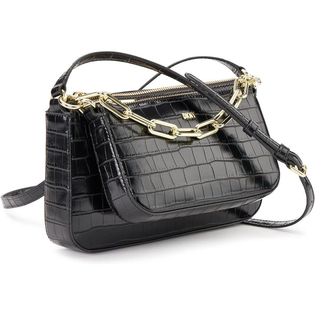 Dkny Lexi Double Demi Crossbody Bag Black/gold - Exterior: Black, Lining: Black, Handle/Strap: Gold