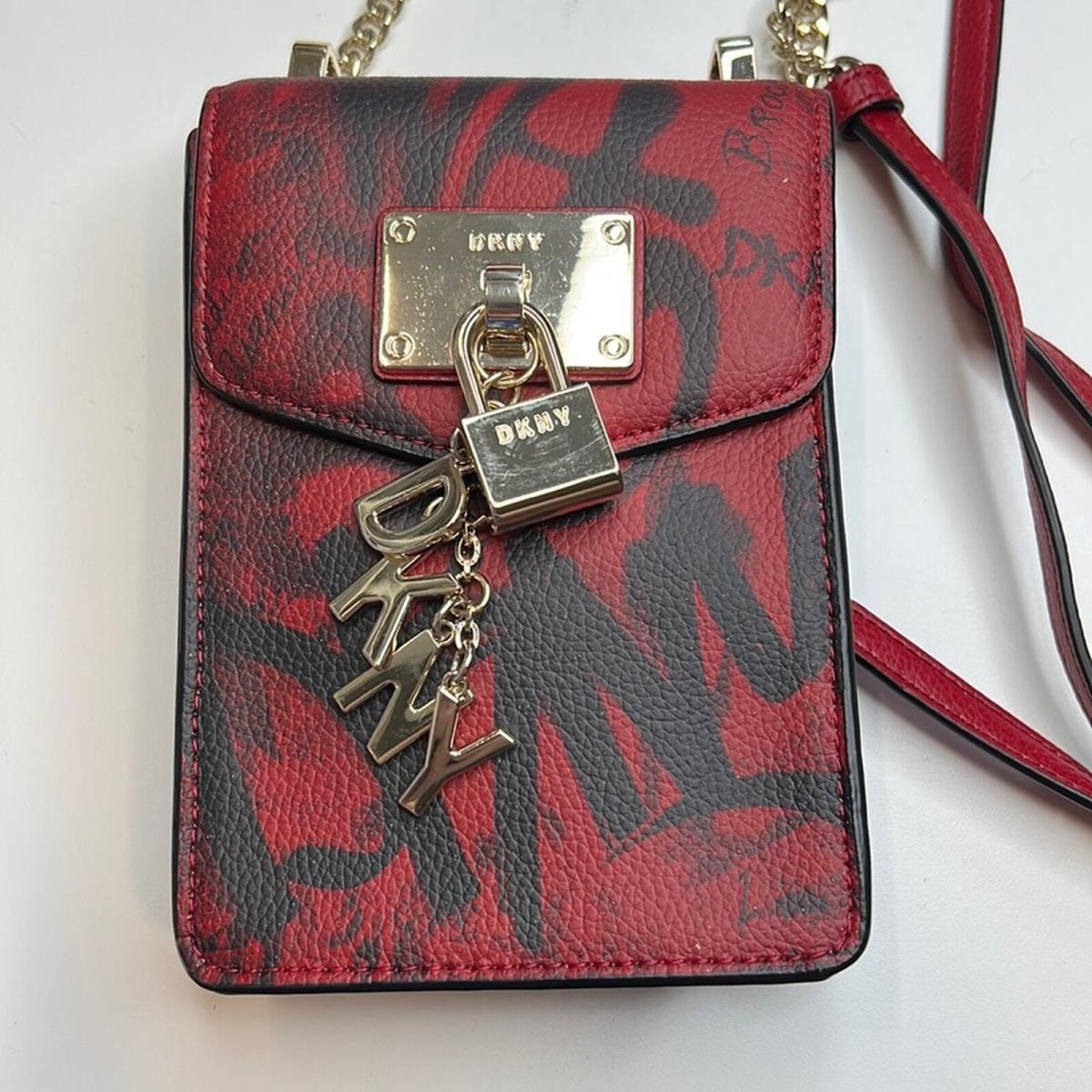 Dkny Red Pebbled Leather Crossbody Bag w/ Graffiti Print Gold Hardware