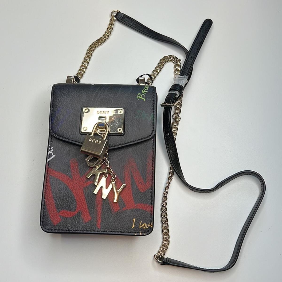 Dkny Black Pebbled Leather Crossbody Bag w/ Graffiti Print Gold Hardware