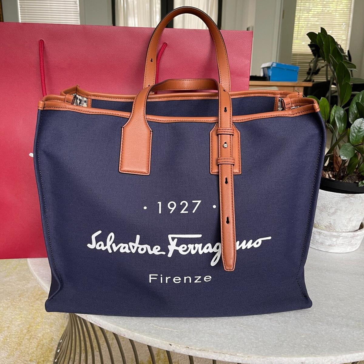 Salvatore Ferragamo Firenze 1927 Signature Blue Tote Bag Canvas/leather