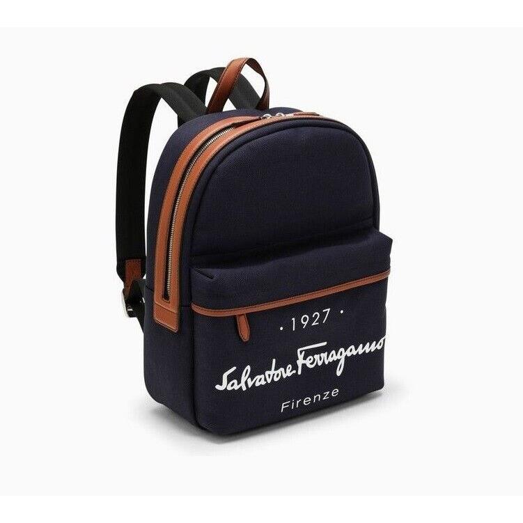 Ferragamo Navy Denim Canvas Tan Leather Trim 1927 Firenze Logo Backpack