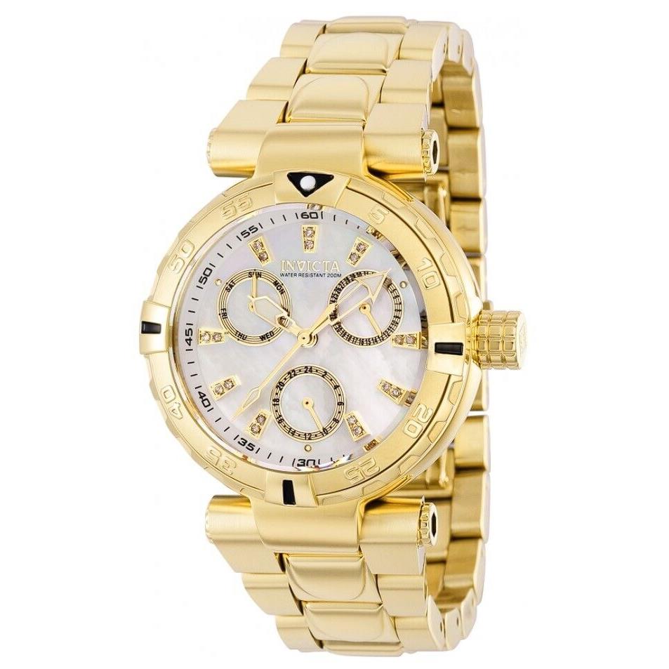 Invicta Subaqua Lux Women`s 38mm .076 Ctw Diamonds Mop Dial Day/date Watch 39228 - Dial: Gold, Multicolor, White, Yellow, Band: Gold, Yellow, Bezel: Gold, Yellow