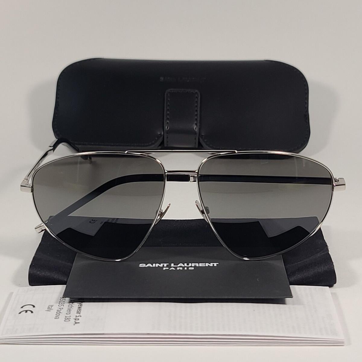 Saint Laurent SL211 001 Pilot Style Sunglasses Silver Frame Gray 60mm Lens