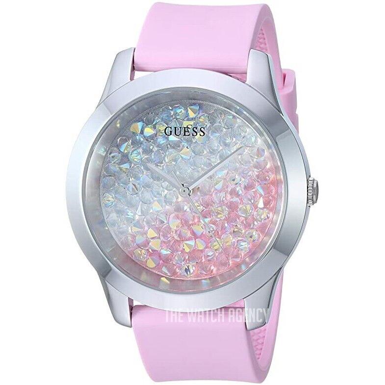 Guess Women s Silver-tone Swarovski Crystals and Pink Silicone Watch U1223L1