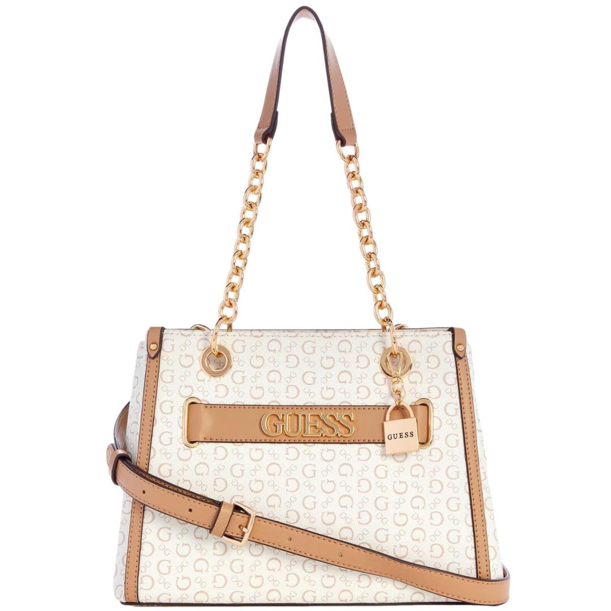 Guess Women`s Logo Satchel Chain Tote Crossbody Bag Handbag Purse White /tan