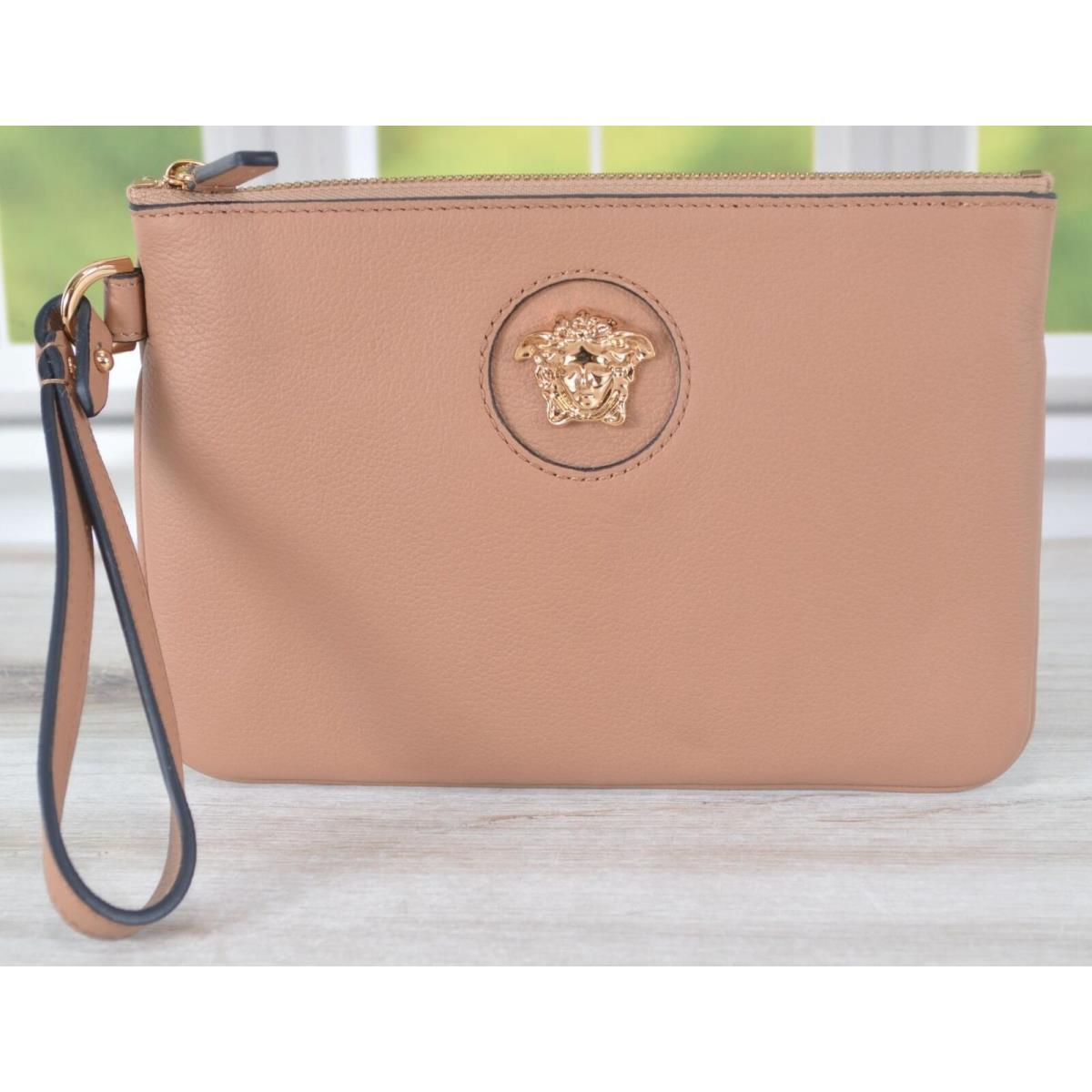 Versace LA Medusa Leather Medusa Head Wristlet Clutch Purse Caramel Brown