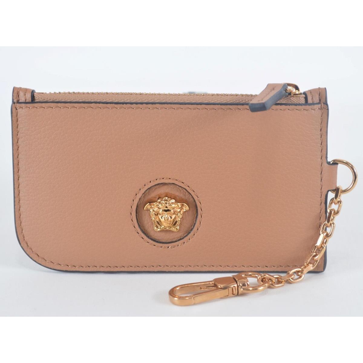 Versace LA Medusa Leather Card Case Zip Wallet Key Ring Caramel Brown