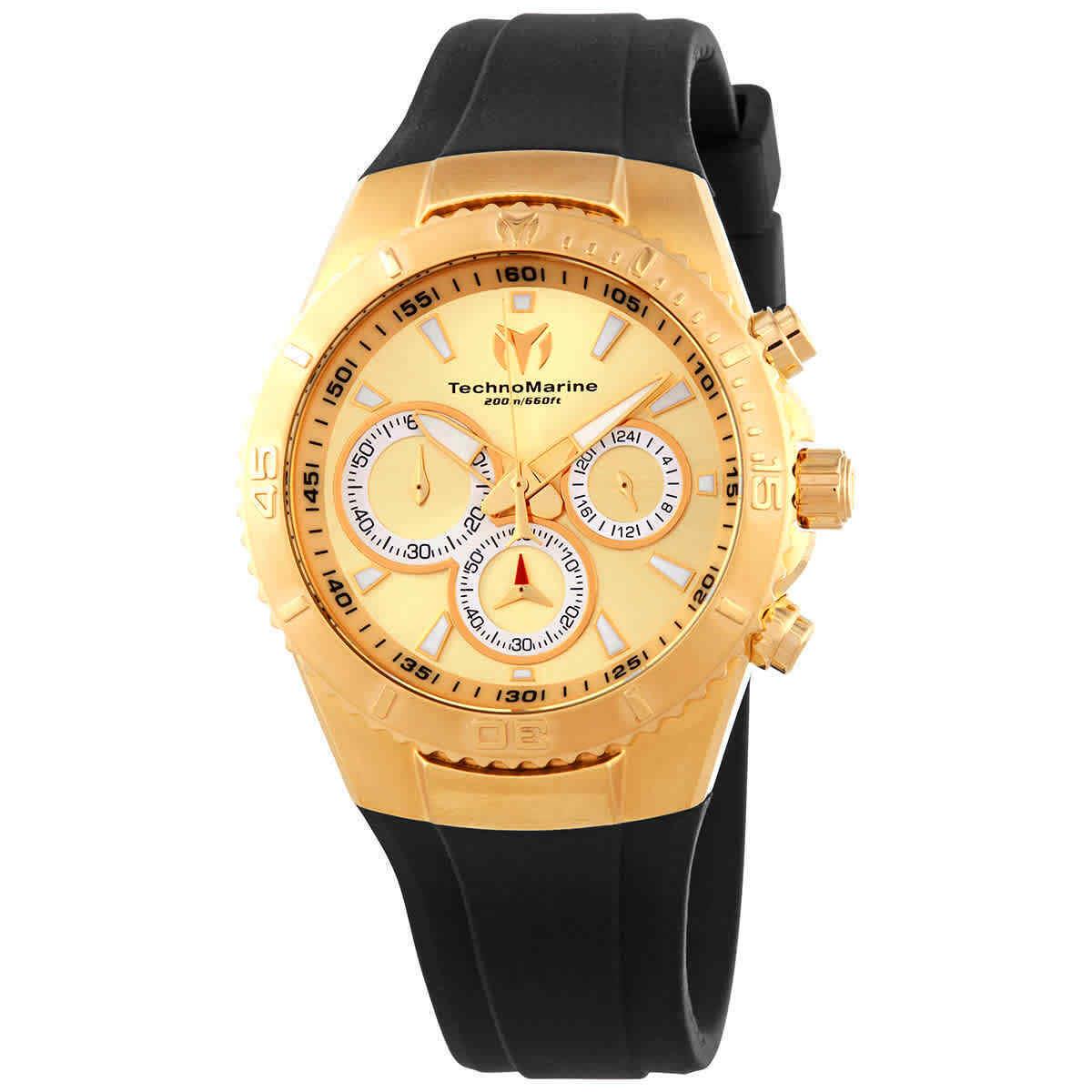 Technomarine Manta Chronograph Quartz Gold Dial Ladies Watch TM-218035 - Dial: Gold, Band: Black, Bezel: Gold-tone