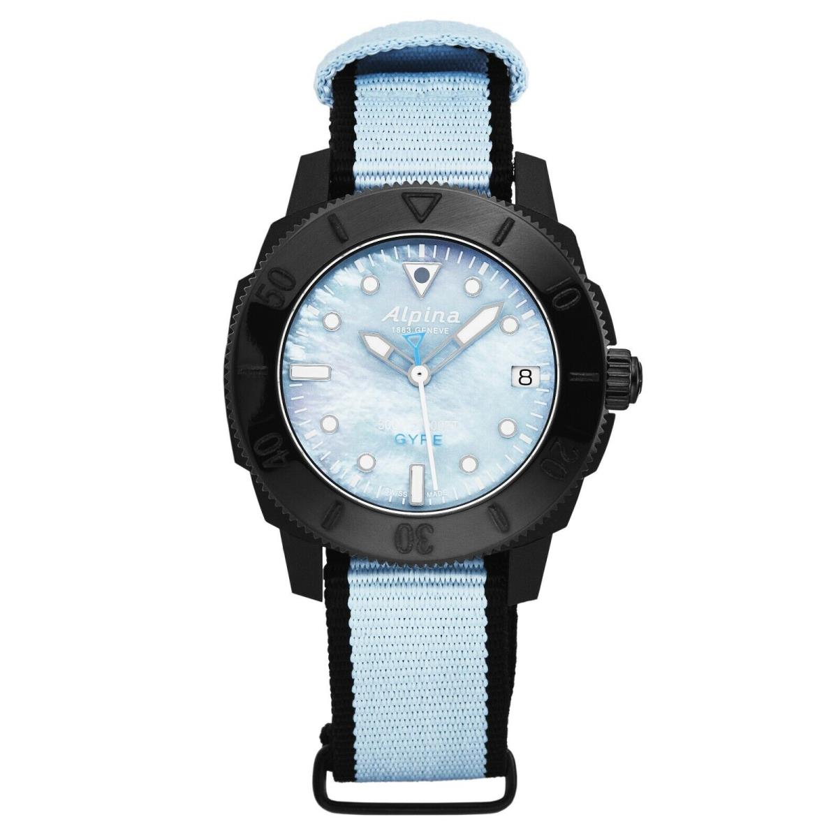 Alpina Womens `seastrong Diver Gyre` Blue Mop Dial Blue Canvas AL-525LMPLNB3VG6 - Dial: Blue, Band: Blue, Bezel: Black