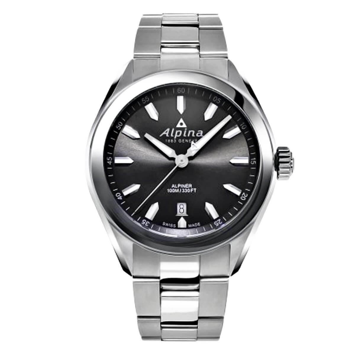 Alpina Alpiner Men`s Watch Quartz Black Dial Silver Steel Bracelet AL-240GS4E6B - Black, Dial: Black, Band: Silver