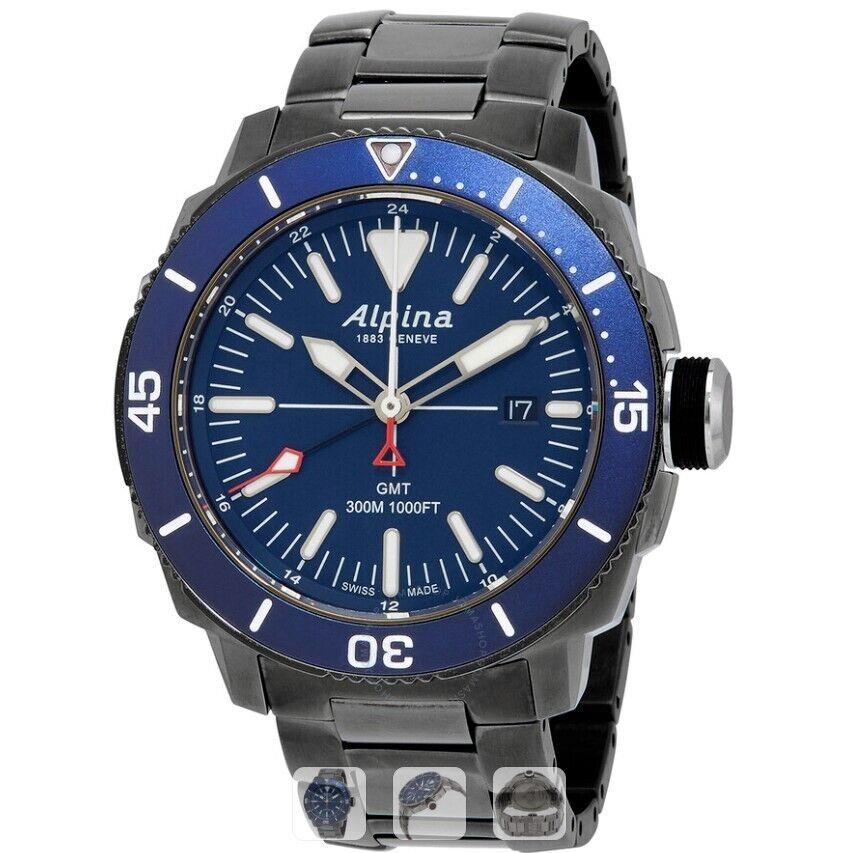 Alpina Men`s Seatstrong Diver Gmt Navy Blue Dial Swiss Watch AL-247LNN4TV6B - Dial: Blue, Band: Gray, Bezel: Blue