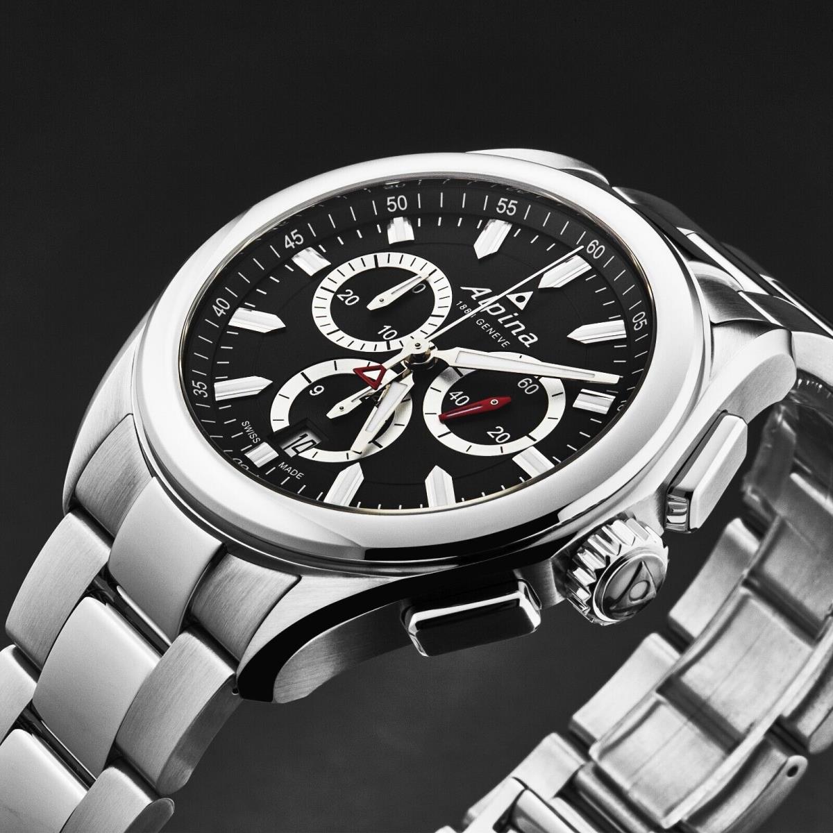 Alpina Men`s Alpiner Chronograph Black Dial SS Bracelet AL-373BS4E6B