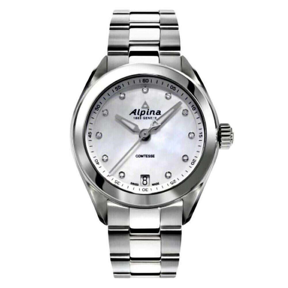 Alpina Women`s Comtesse Diamonds Silver Mop Dial Swiss Watch AL-240MPWD2C6B - Dial: Mother of Pearl, Band: Silver, Bezel: Silver