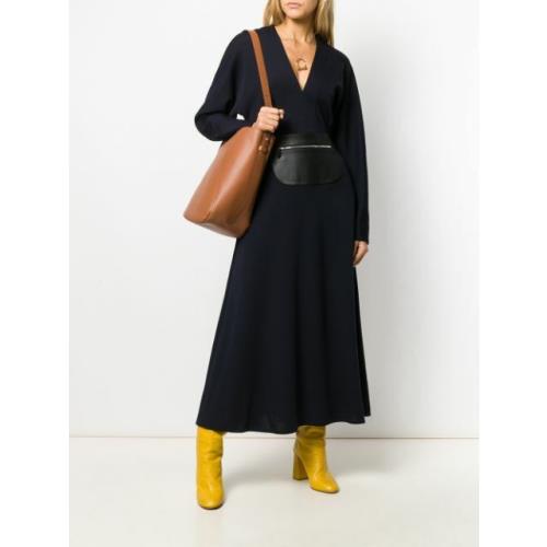 Lanvin Zipped Belted Maxi Dress w Bag Navy Blue Wool Silk 38