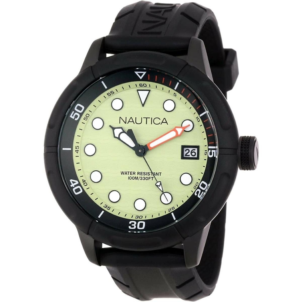 Nautica Nmx 601 Green Dial Men`s Enamel Bezel Diver Watch Black Case Pvd N17618G