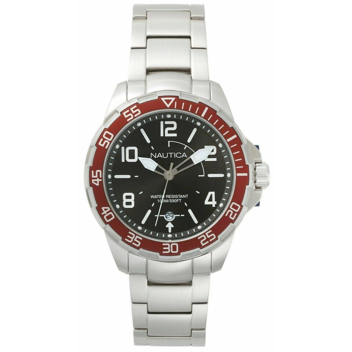 Nautica Pilot House Men`s Watch Black Dial Red / Stainless Steel 45mm NAPPLH005 - Dial: Black, Band: Silver, Bezel: Red