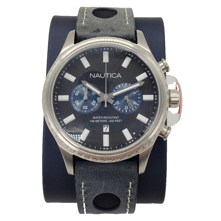 Nautica Black/blue Dial 43mm Chronograph Blue Leather Band Men`s Watch NAI18512G