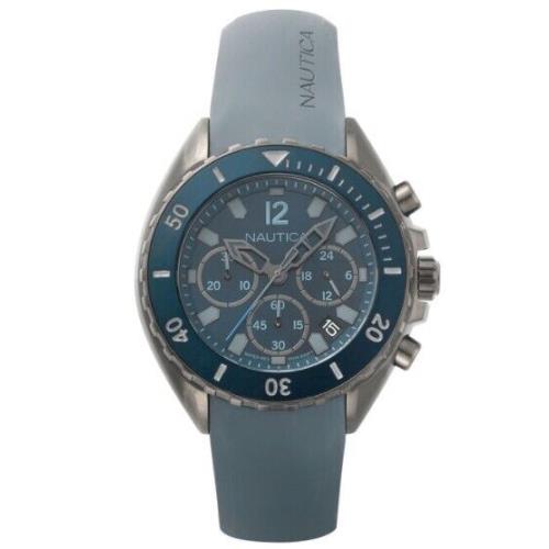 Nautica Gray Strap Nwp Newport Blue Dial Men`s Gunmetal Steel Watch NAPNWP003