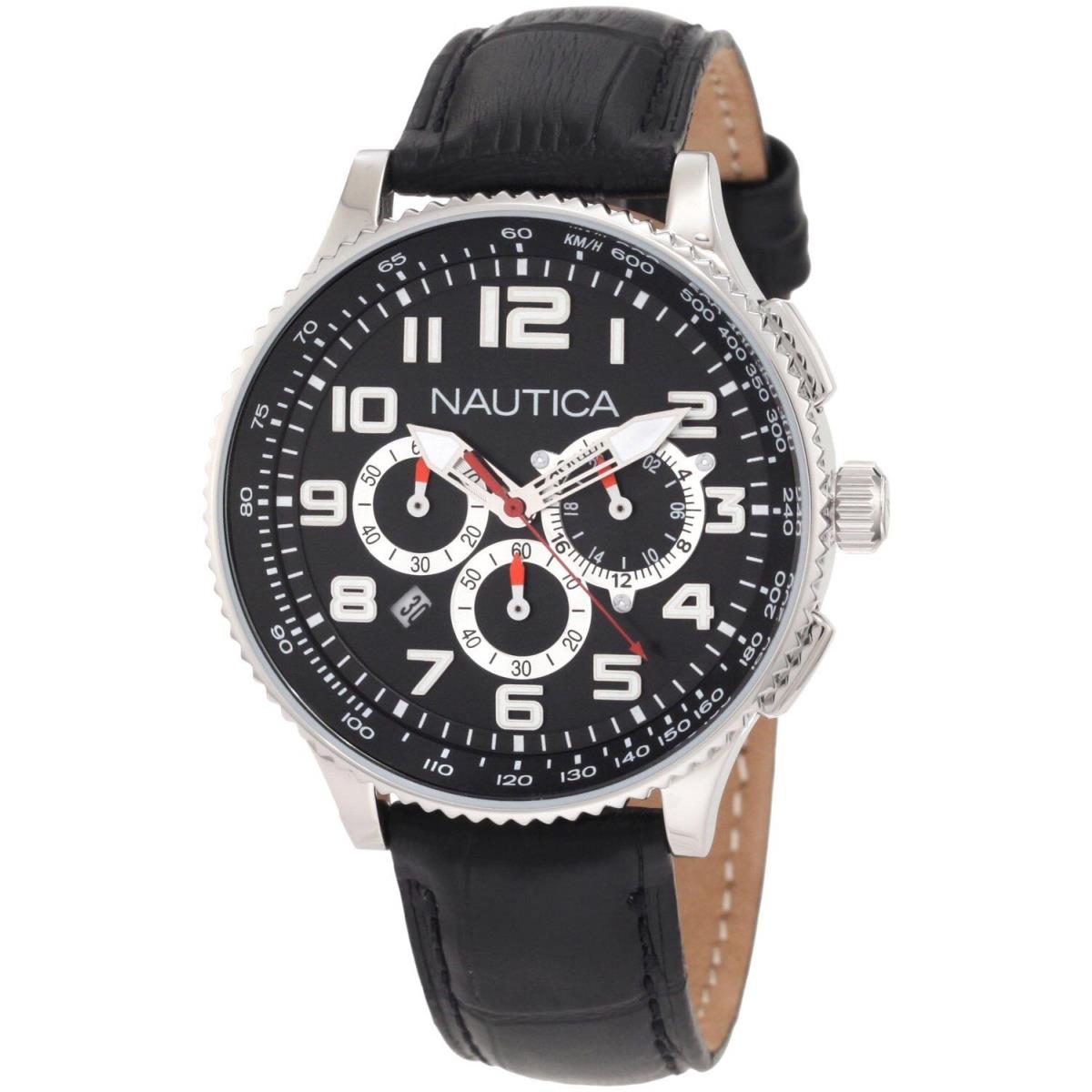 Nautica N22596M Midsize Chronograph Watch Round Dial Black Leather Strap Ocn 38