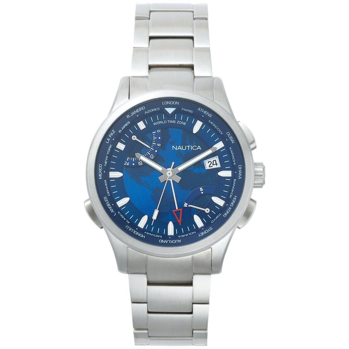 Men`s Nautica Shanghai Stainless Steel 44mm Watch Blue NAPSHG003 World Time Dual