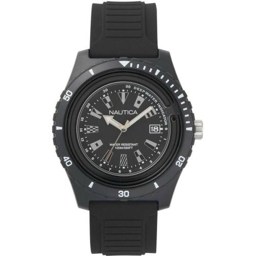 Men`s Nautica Ibiza Black and Grey Silicone Strap 44mm Watch NAPIBZ007 Flags - Dial: Black, Band: Black, Bezel: Black