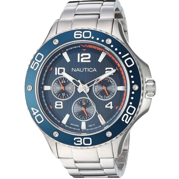 Nautica Pier 25 Collection Multifunction 47mm Blue Dial Men`s Watch NAPP25006 - Dial: Blue, Band: Silver, Bezel: Blue