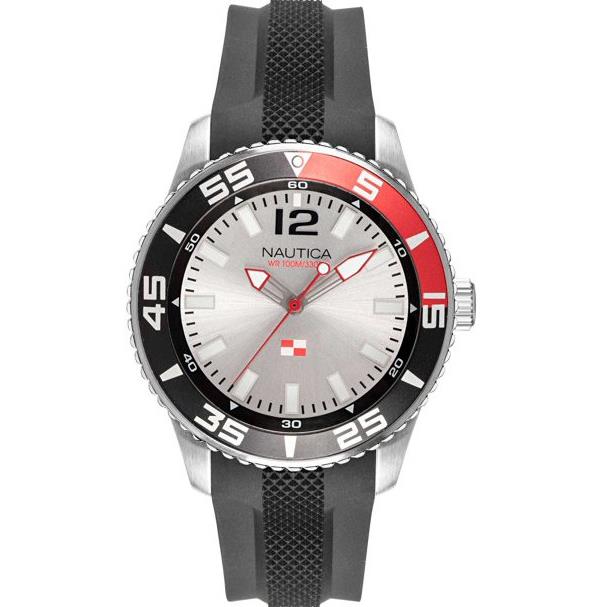 Nautica Pacific Beach Silver Dial Black Rubber Strap Men s Watch NAPPBP904 - Dial: Silver, Band: Black, Bezel: Black, Red, Silver