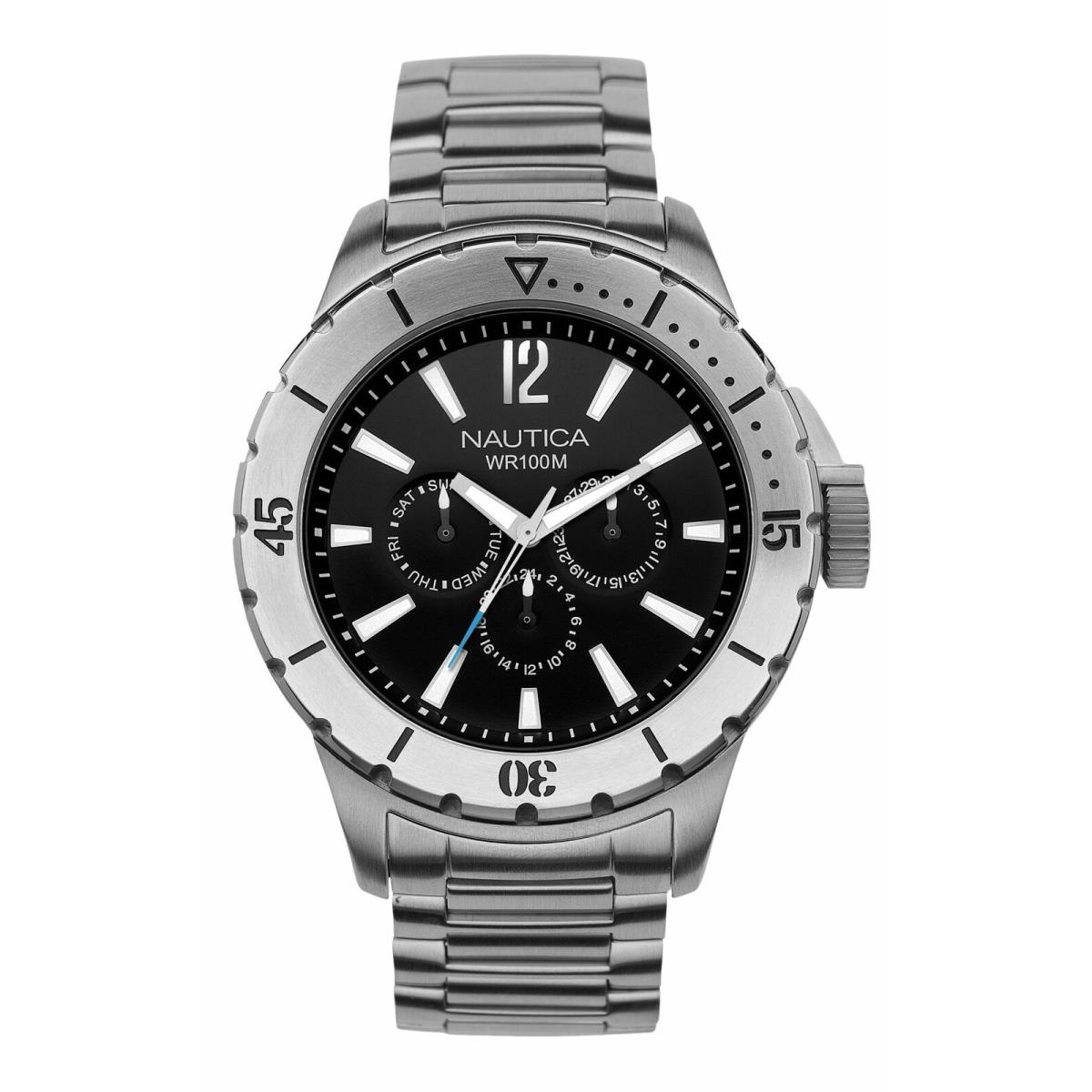 Nautica Men`s Black Dial Steel Multifunction Date Watch 45mm N19569G