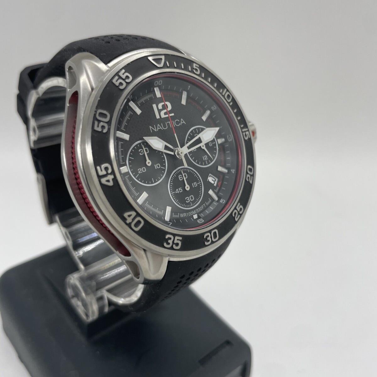 Nautica Men`s Black Chronograph 47mm Watch Nmx 1600 Silicone Strap NAD23503G