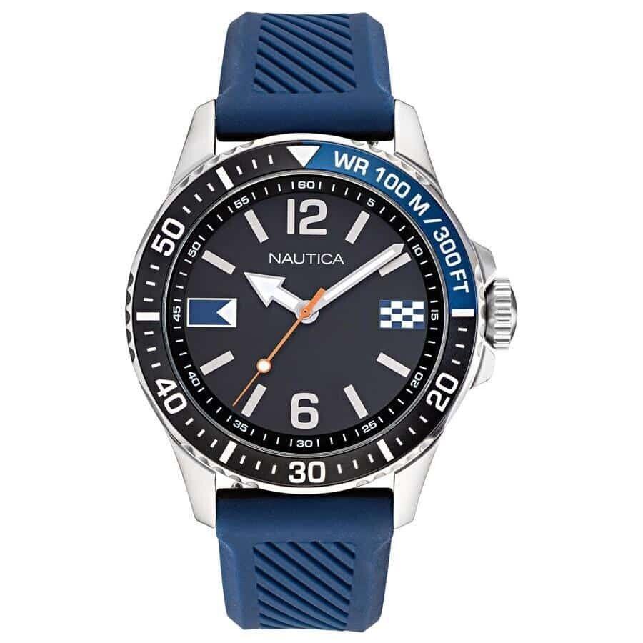 Men`s Nautica Freeboard 44mm Steel Case Blue Silicone Band Watch NAPFRB920