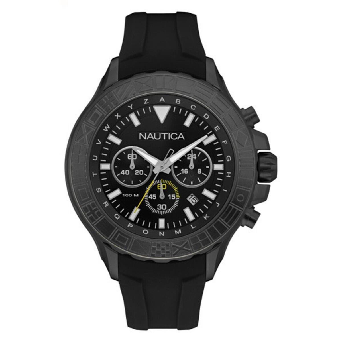 Nautica Nst 1000 Chronograph Black Pvd Case Dial Rubber Men`s Watch NAD20015G