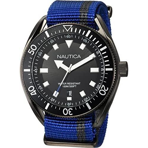 Men`s Nautica `portofino` Prf Date Blue Nylon Strap Watch Black NAPPRF002