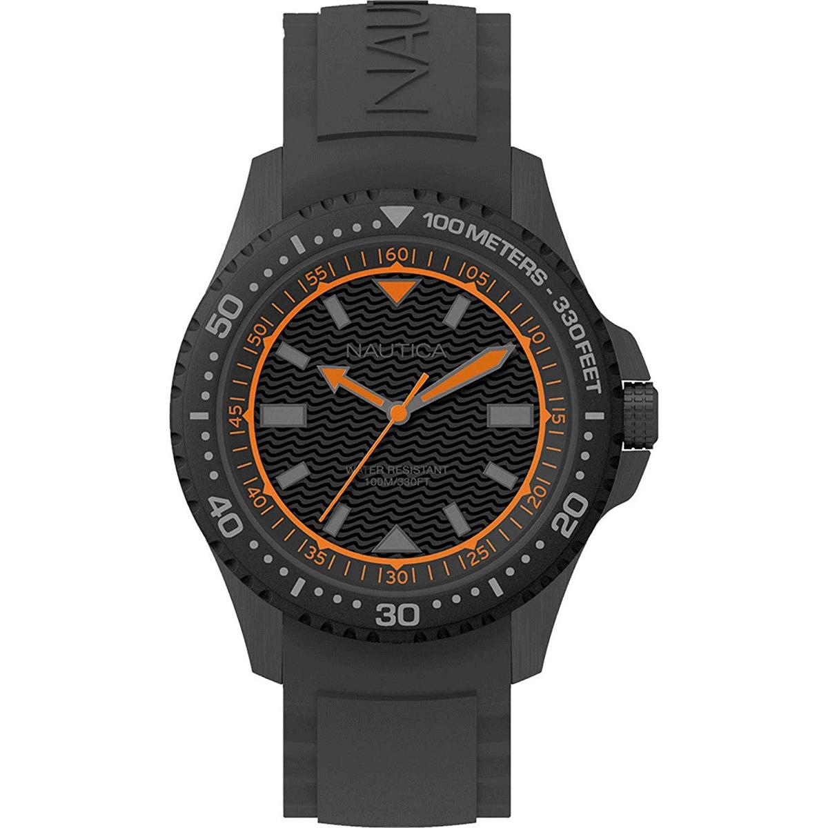 Nautica Maui Black Orange Dial Silicone Strap Men`s Watch 44mm NAPMAU008