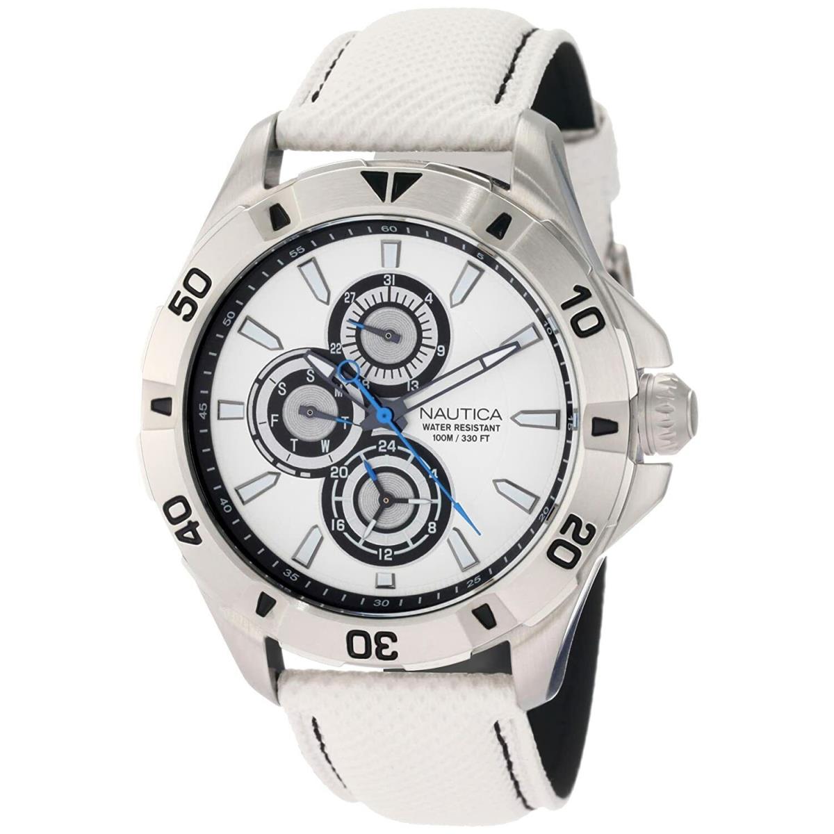 Nautica N14577G Nst 06 White Dial White Leather Strap Multifunction Men`s Watch