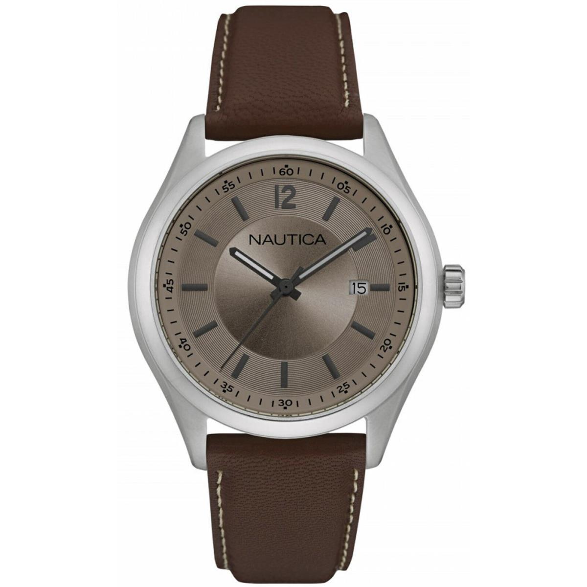 Nautica Men`s Analog Round Steel Watch Brown Leather Strap NAD11013G