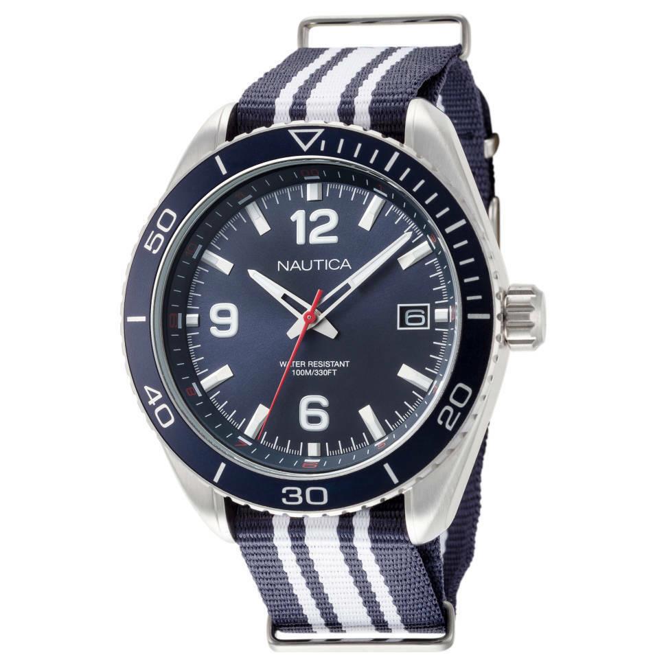 Nautica Key Biscayne 44mm Navy/white Nylon Strap Stripes Men`s Watch NAPKBN001 - Dial: Blue, Band: Blue, Multicolor, Navy, White, Bezel: Blue