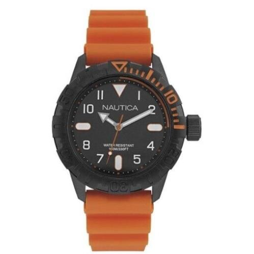 Men`s Nautica Nsr 106 Black Dial Orange Rubber Silicone Strap Watch NAD10082G - Dial: Black, Band: Orange, Bezel: Black