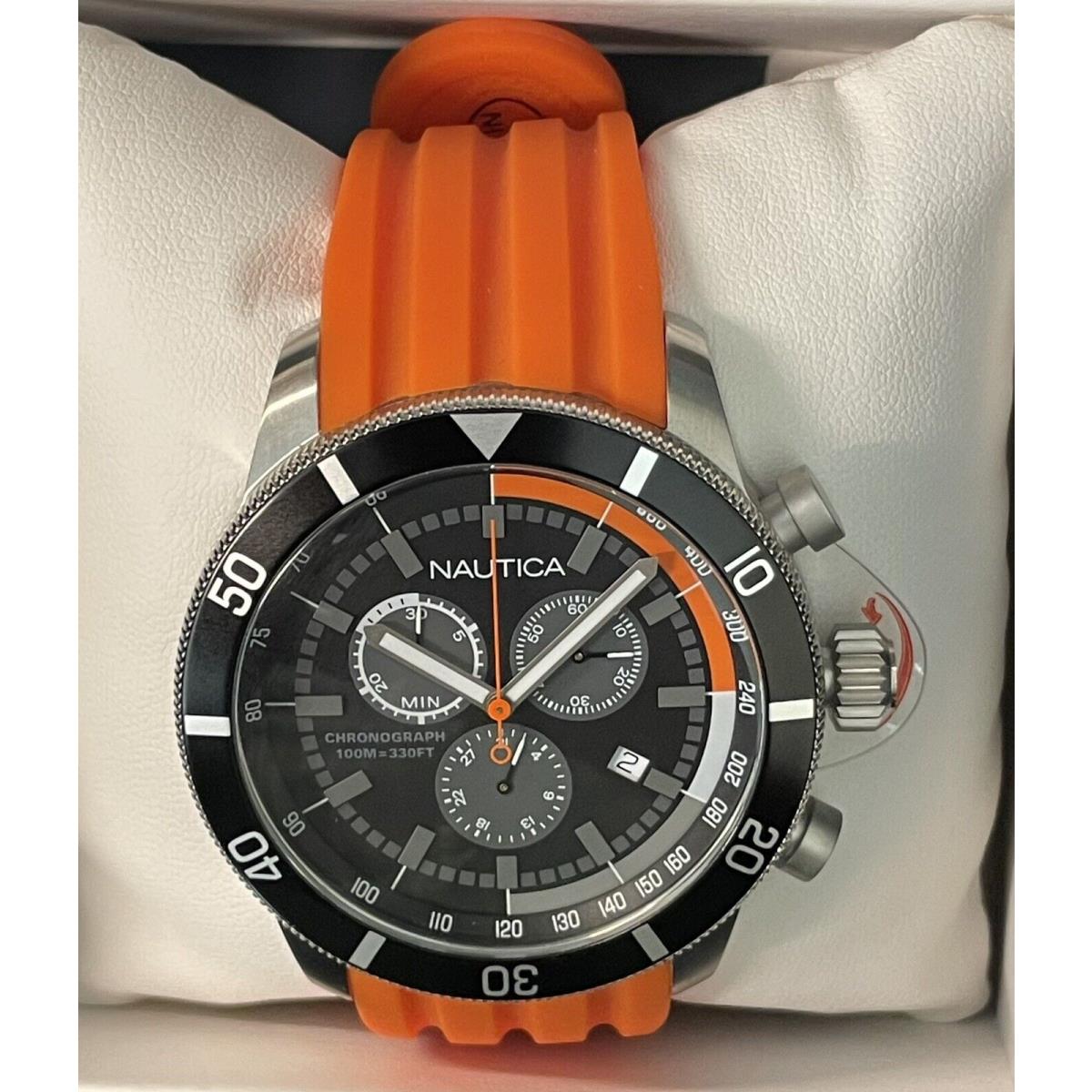 Nautica Tachymeter Orange Rubber Band 46mm Chronograph Men`s Watch NAD18538G