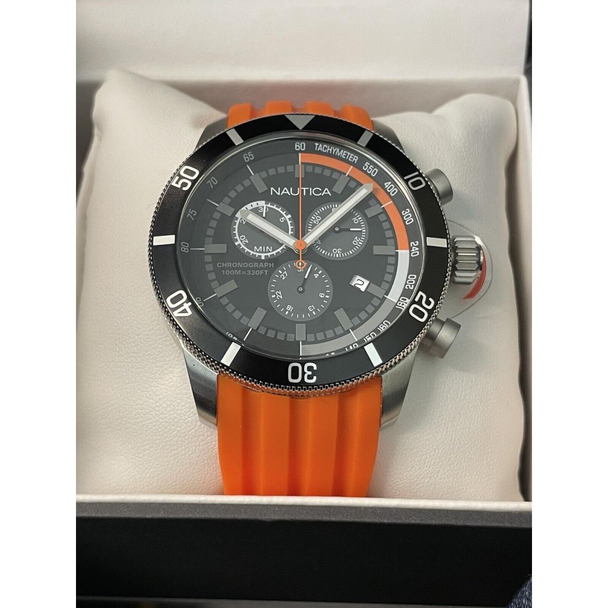 Nautica Tachymeter Orange Rubber Band 46mm Chronograph Men`s Watch NAD18538G