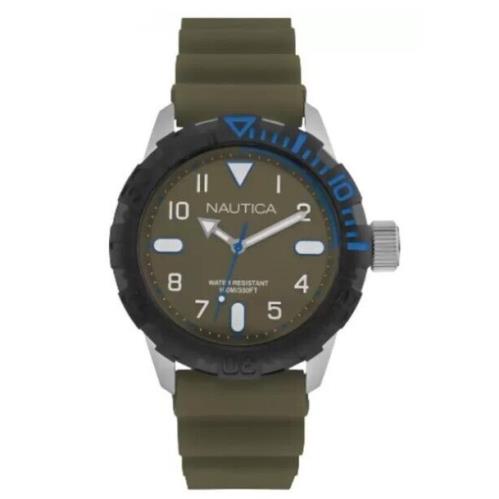 Nautica 45mm Steel Army Green Men`s Diver Watch Rubber Strap Nsr 106 NAD09518G