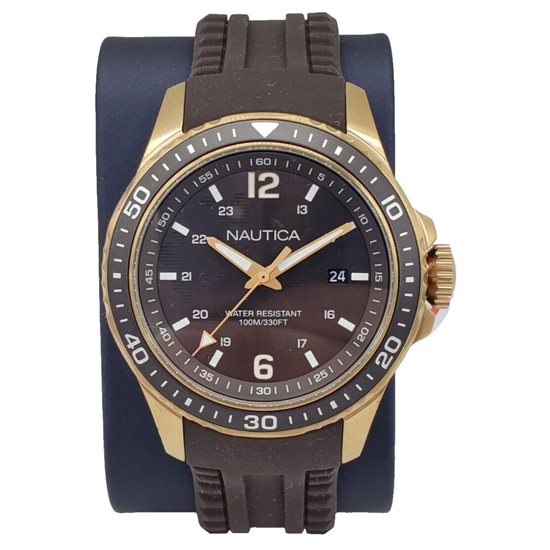 Nautica Freeboard Sport Brown Rubber Band Brown Dial 44mm Men`s Watch NAPFRB004