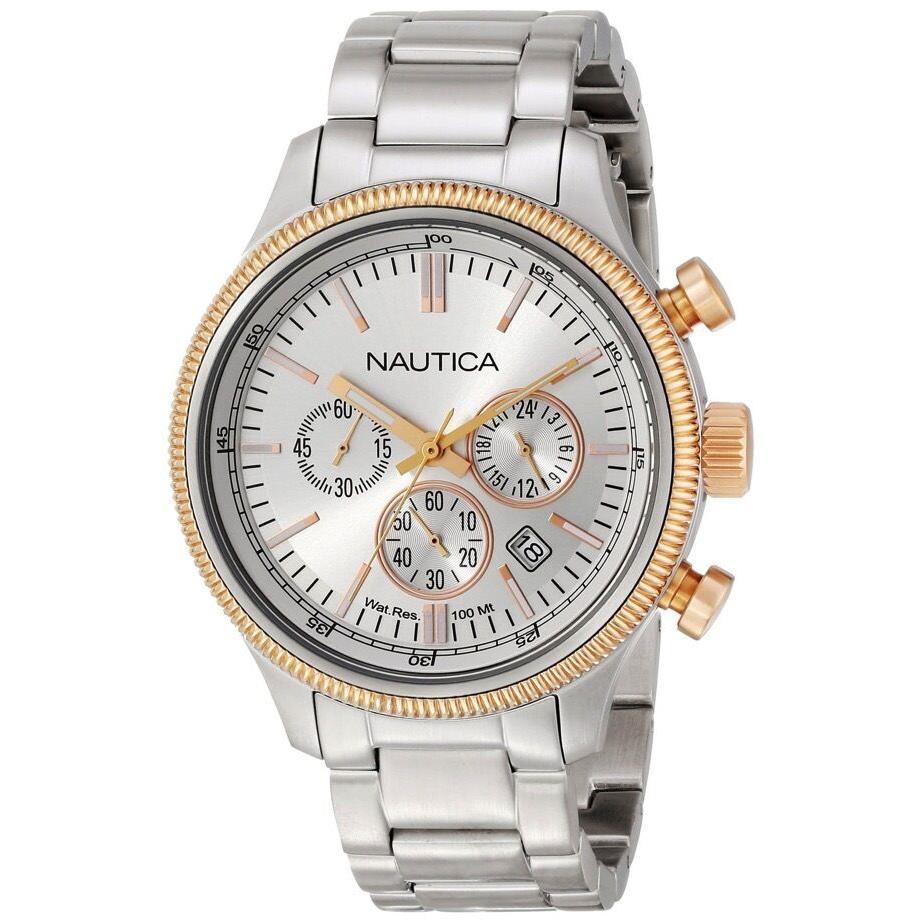 Nautica Silver+rose Gold Tone S/steel Band Chrono Bracelet Watch N22632G - Dial: Rose Gold,SILVER, Band: Silver