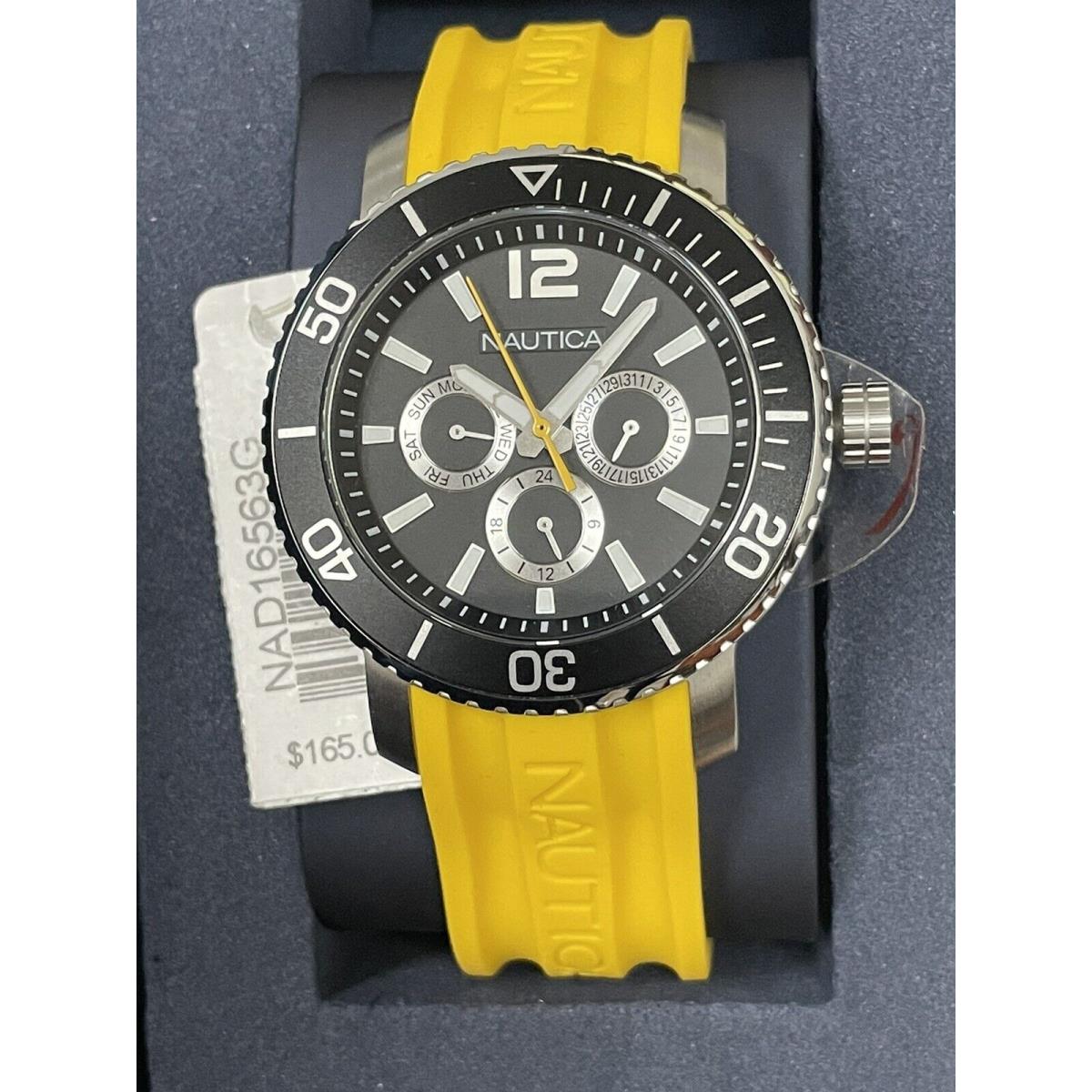 Men`s Nautica Watch Black Dial Steel Case Yellow Rubber Strap 45mm NAD16563G