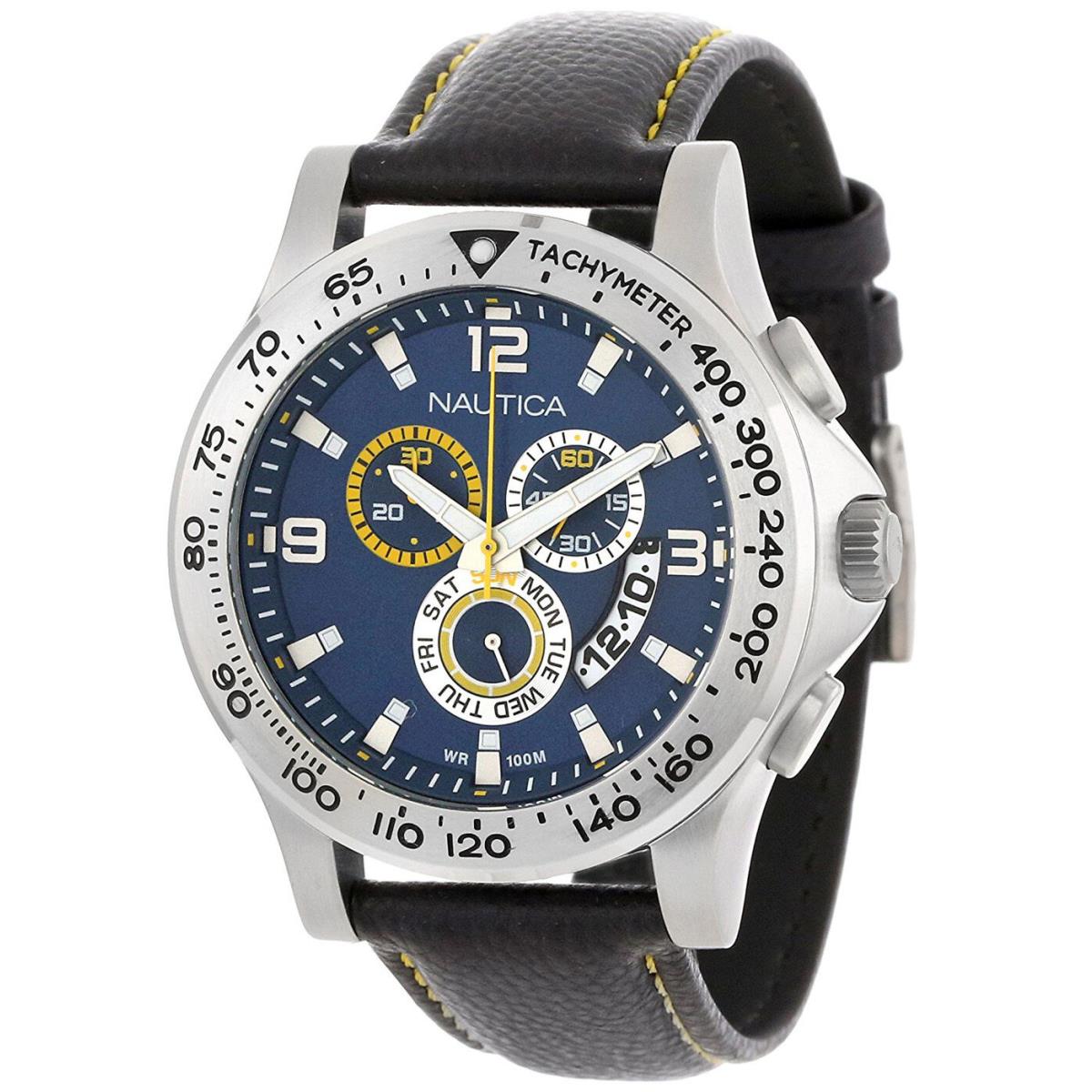 Nautica N19608G Sport Blue Dial Leather Strap Chronograph Men`s Watch