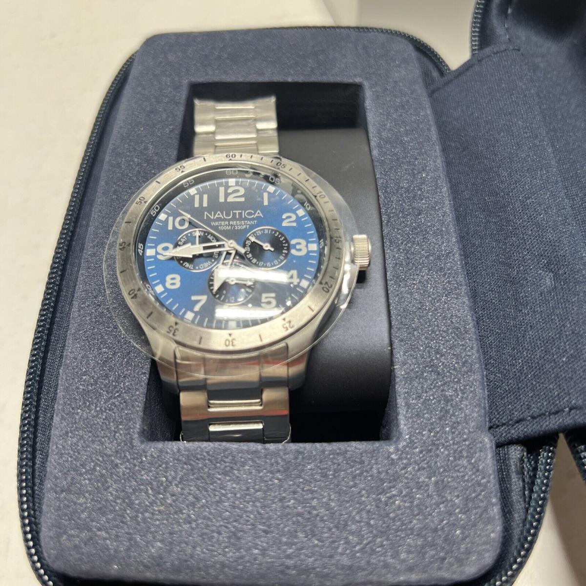 Mens Nautica Stainless Steel Silver Bracelet Watch w Blue Dial