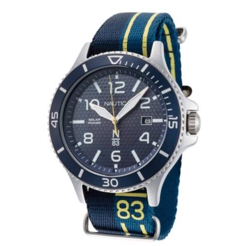 Men`s Nautica Cocoa Beach Blue Yellow Fabric Strap Solar Powered Watch NAPCBS902