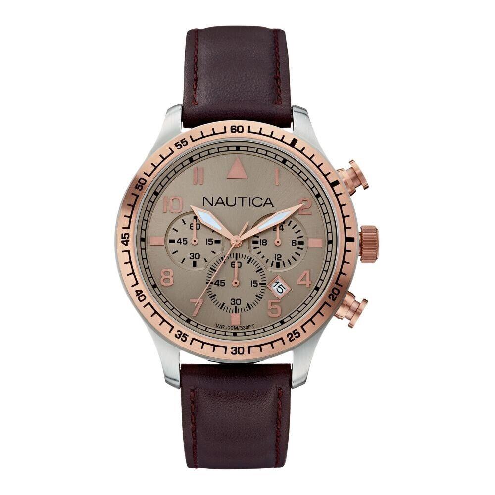 Nautica Chronograph Grey Dial Brown Leather Men`s Watch N17656G